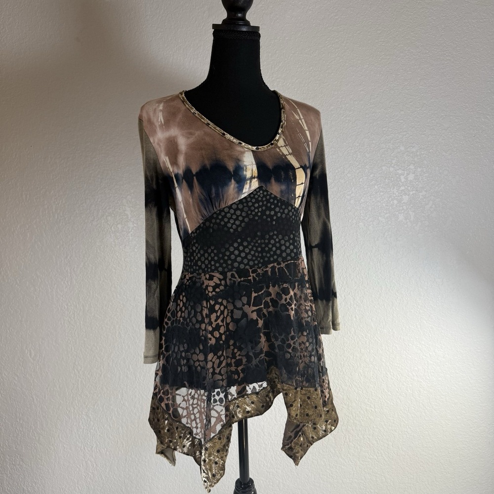 Pyramid Collection Beautiful Lagenlook Animal Print Leopard Boho Sheer Top Sz S
